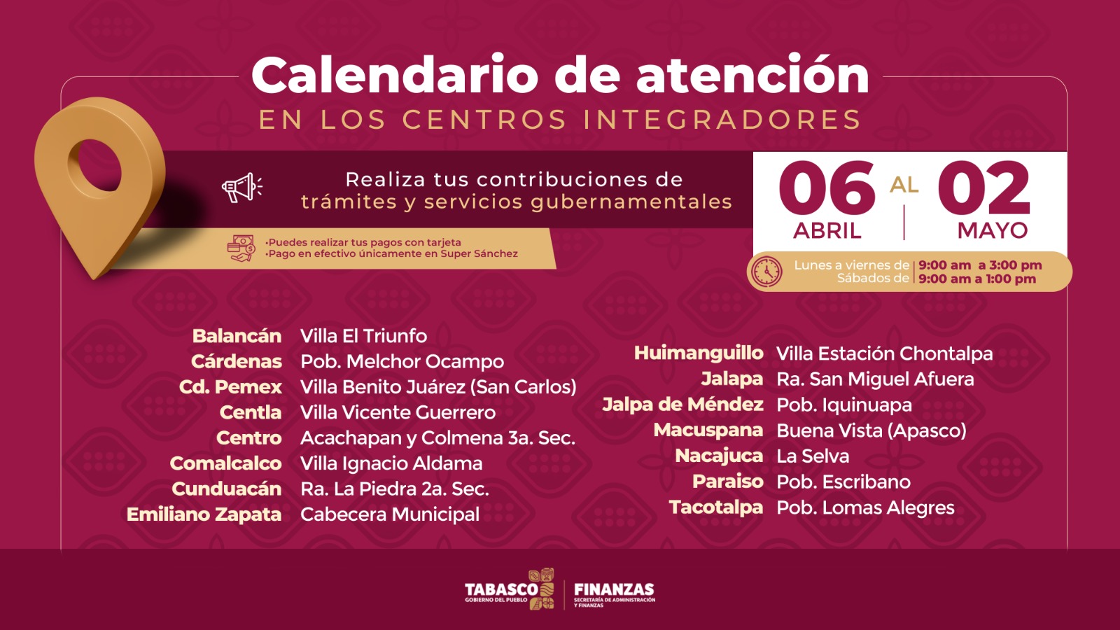 La secretaría de administración y finanzas anuncia calendario de atención en centros integradores en municipios para fortalecer la recaudación local