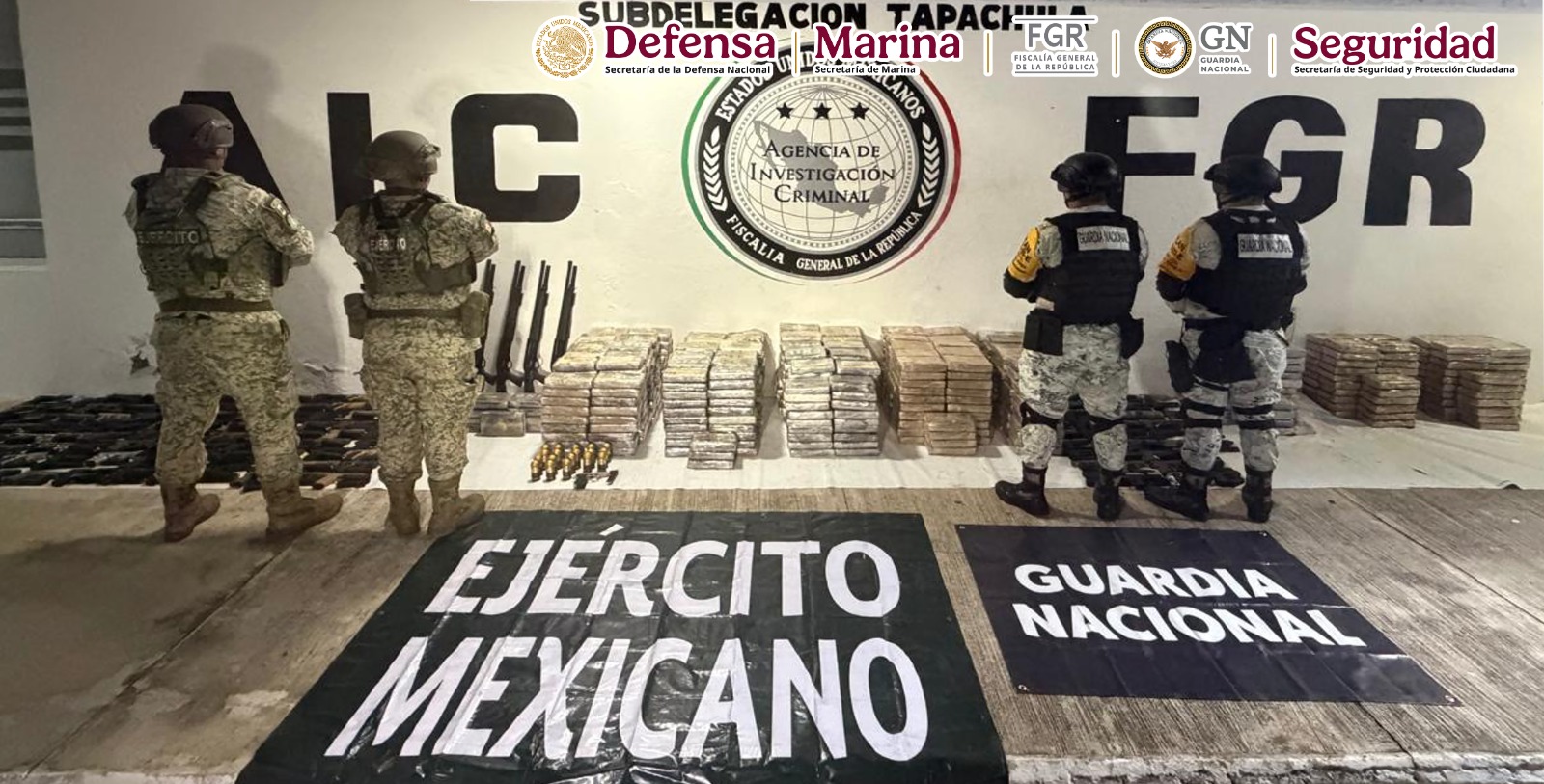 Aseguran arsenal y cocaína en cateo en Chiapas