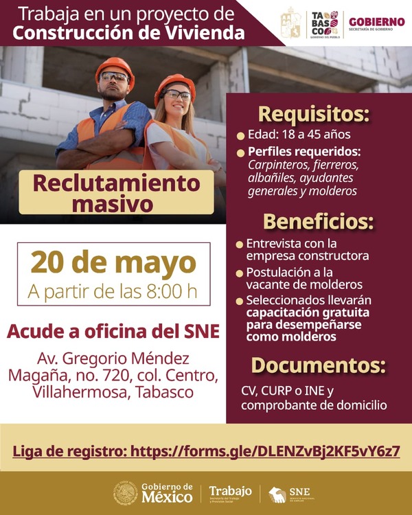 SNET Tabasco realizará reclutamiento masivo para proyecto de vivienda