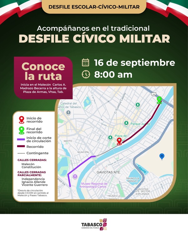 Cerrarán vialidades en Villahermosa por desfile del 16 de septiembre