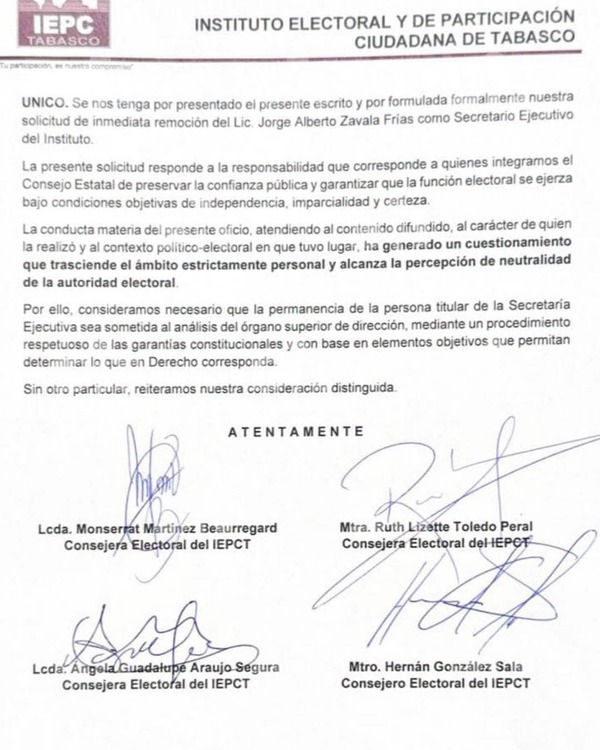 Cuatro consejeros del IEPCT piden analizar remoción de Zavala