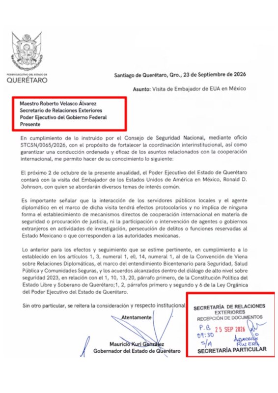 Querétaro notificó a Cancillería visita de embajador de EU una semana antes del evento