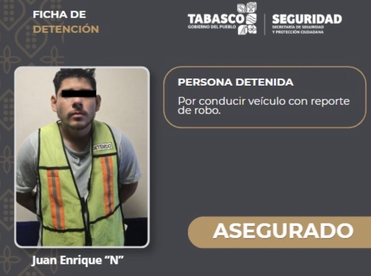 Detiene SSPC a un sujeto por conducir vehículo con reporte de robo en el municipio de Centro