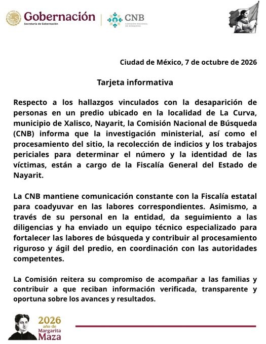 CNB envía equipo especializado a Nayarit por hallazgo de restos humanos